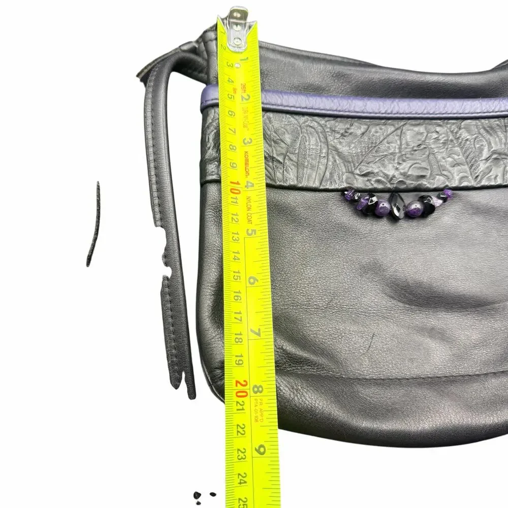 Handmade Black Leather Crossbody Bag Purple Beaded Accent